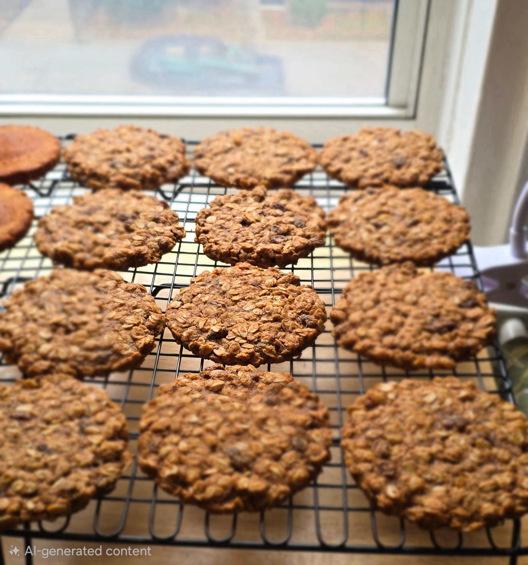 Oatmeal cookies cooling on a wire rack with a window in the background