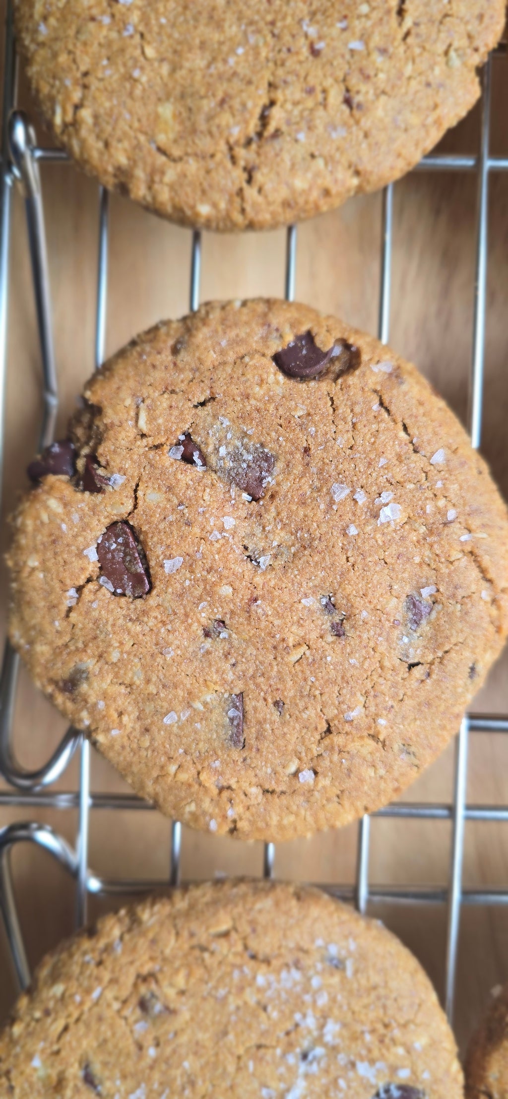 Cookies with chocolate chips, oats, coconut, dates, macadamia nuts on a cooling rack